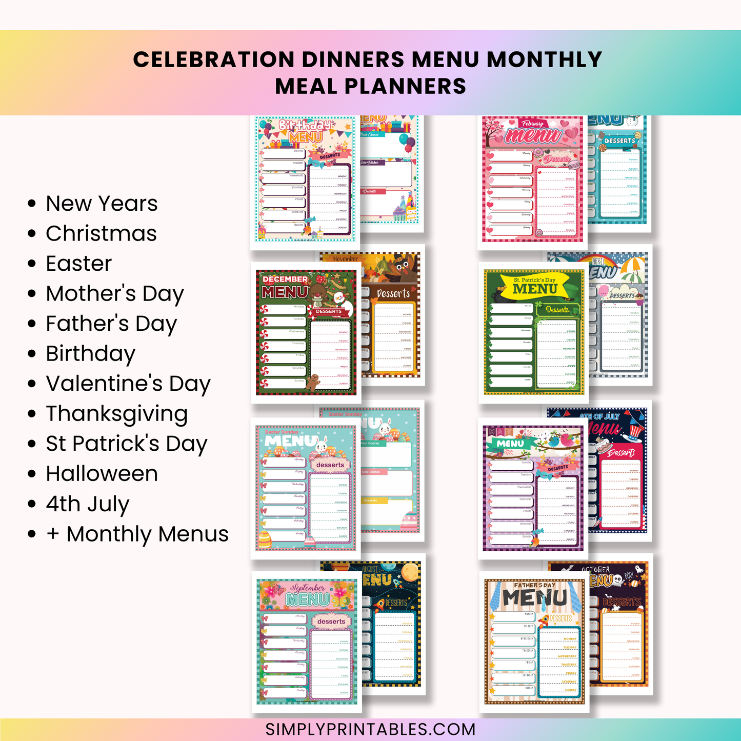 Celebration Dinner Menu Monthly Meal Planners