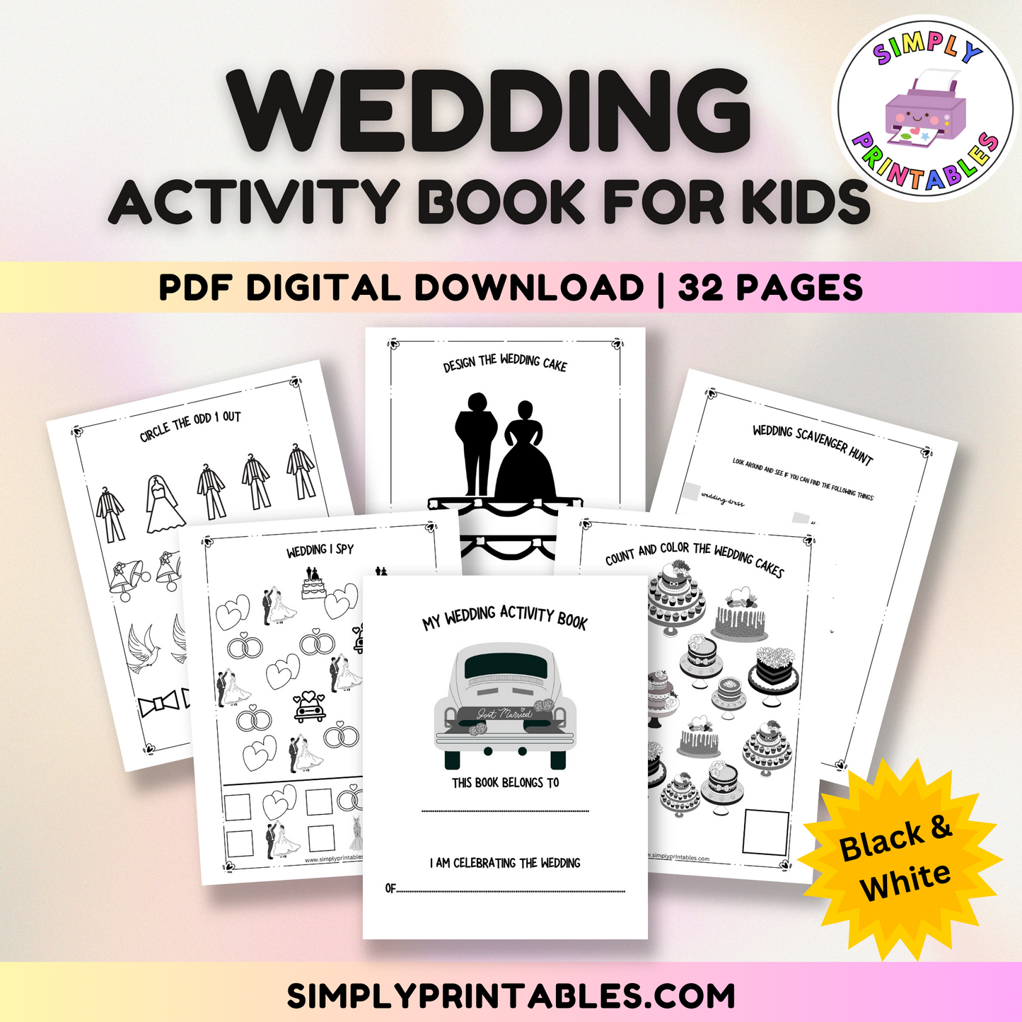 Wedding Activity Book for Kids B&W